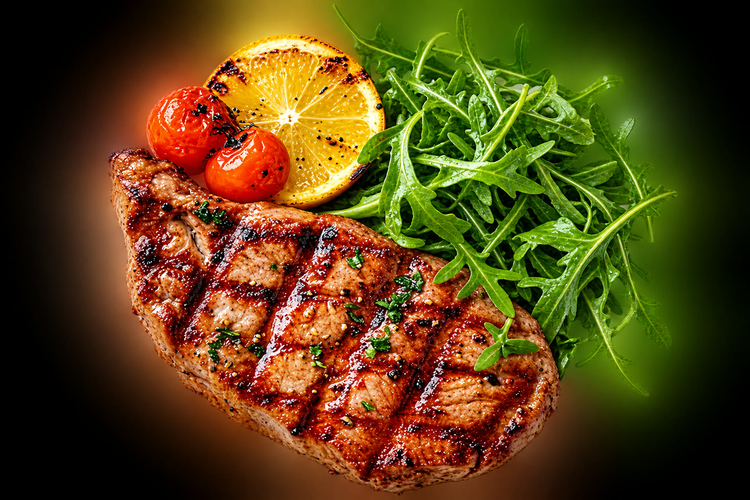 Grilled steak with rocket, charred tomatoes and lemon